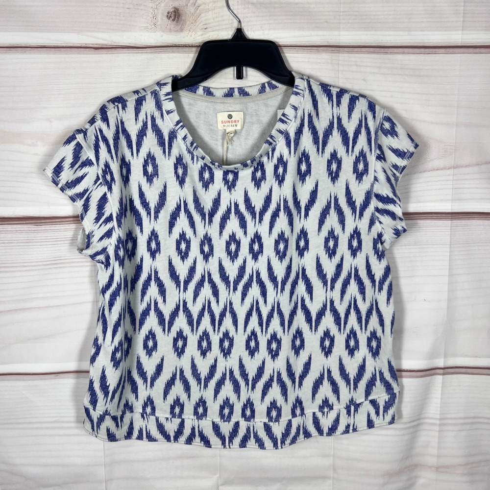 Sundry x J Crew Top Womens Large Blue Ikat Print Short Sleeve Cotton Blend Knit